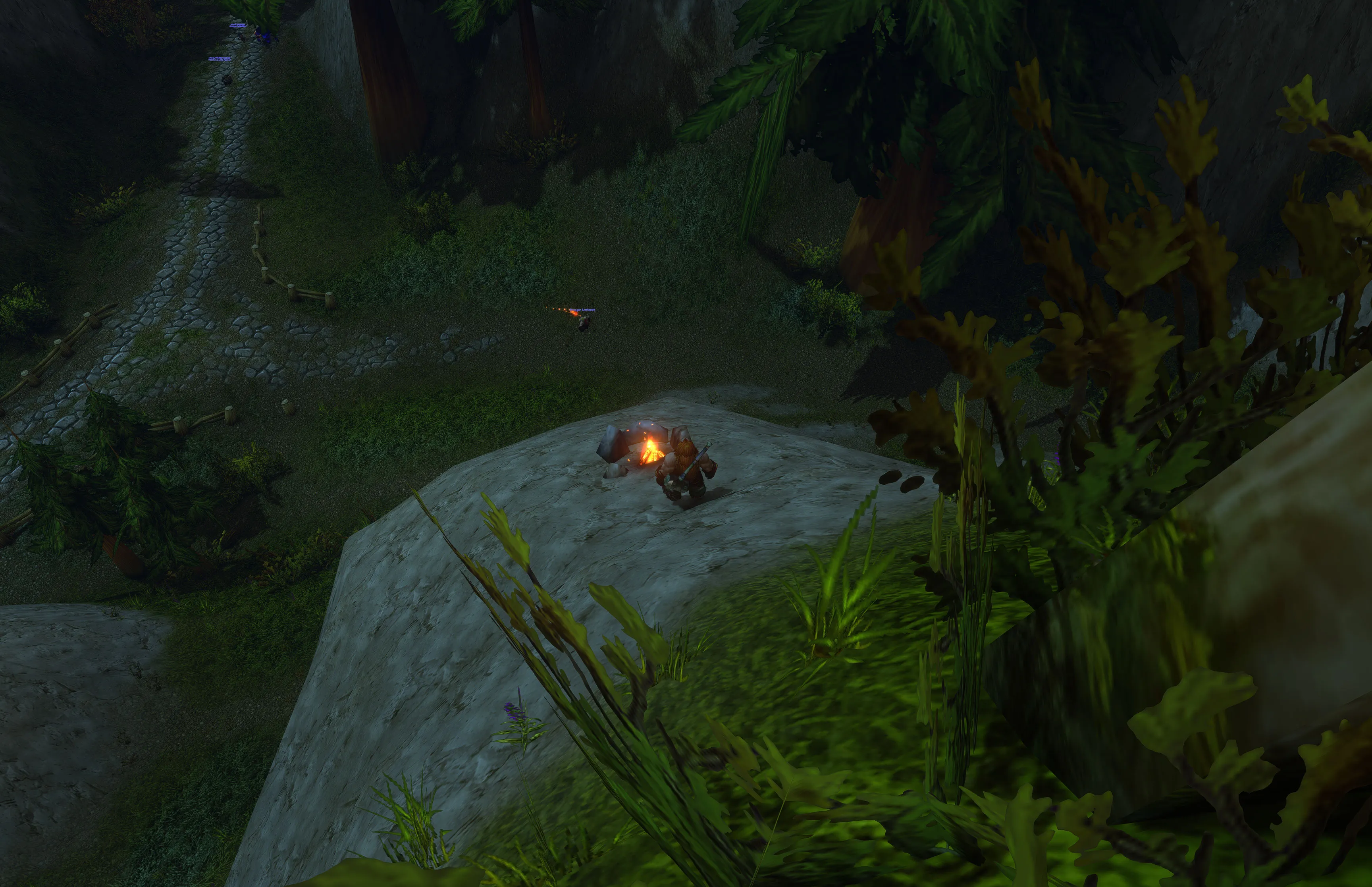 Nuir beside a campfire on a high rock ledge, with adventurers and the road below.