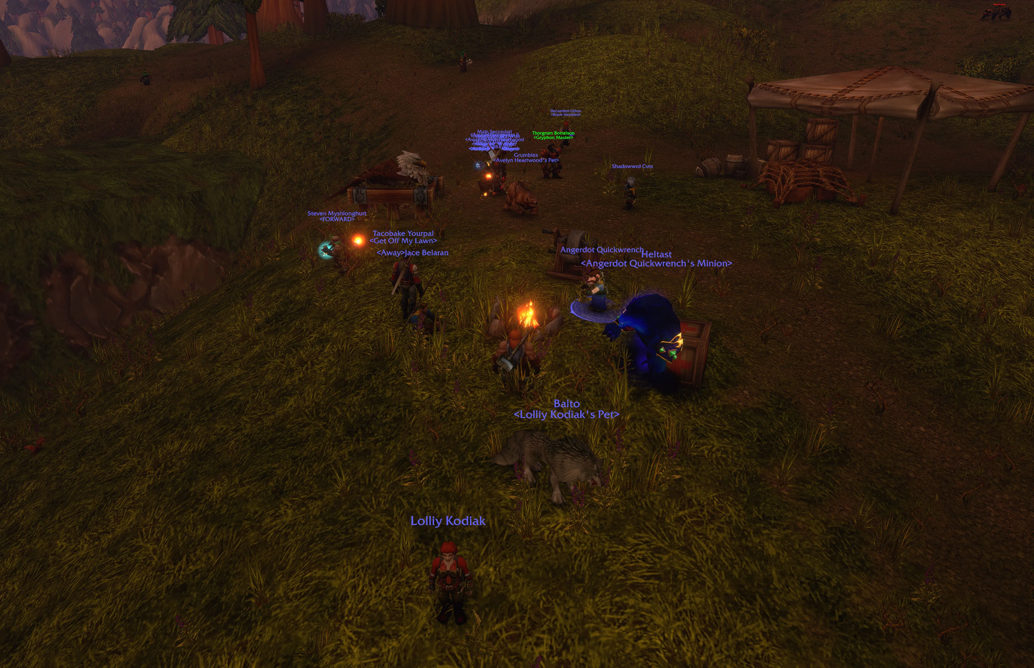 Adventurers gathered around a campfire beside Thelsamar’s gryphon master.