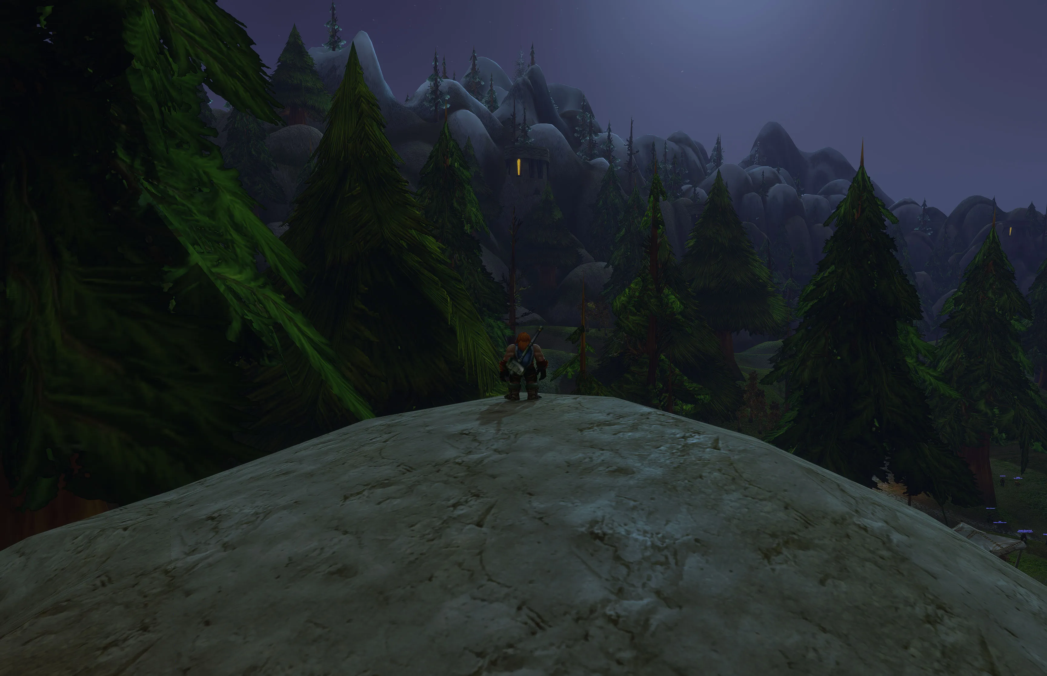 Nuir on a broad rock looking across the pines toward the lit windows in Thelsamar’s hills.