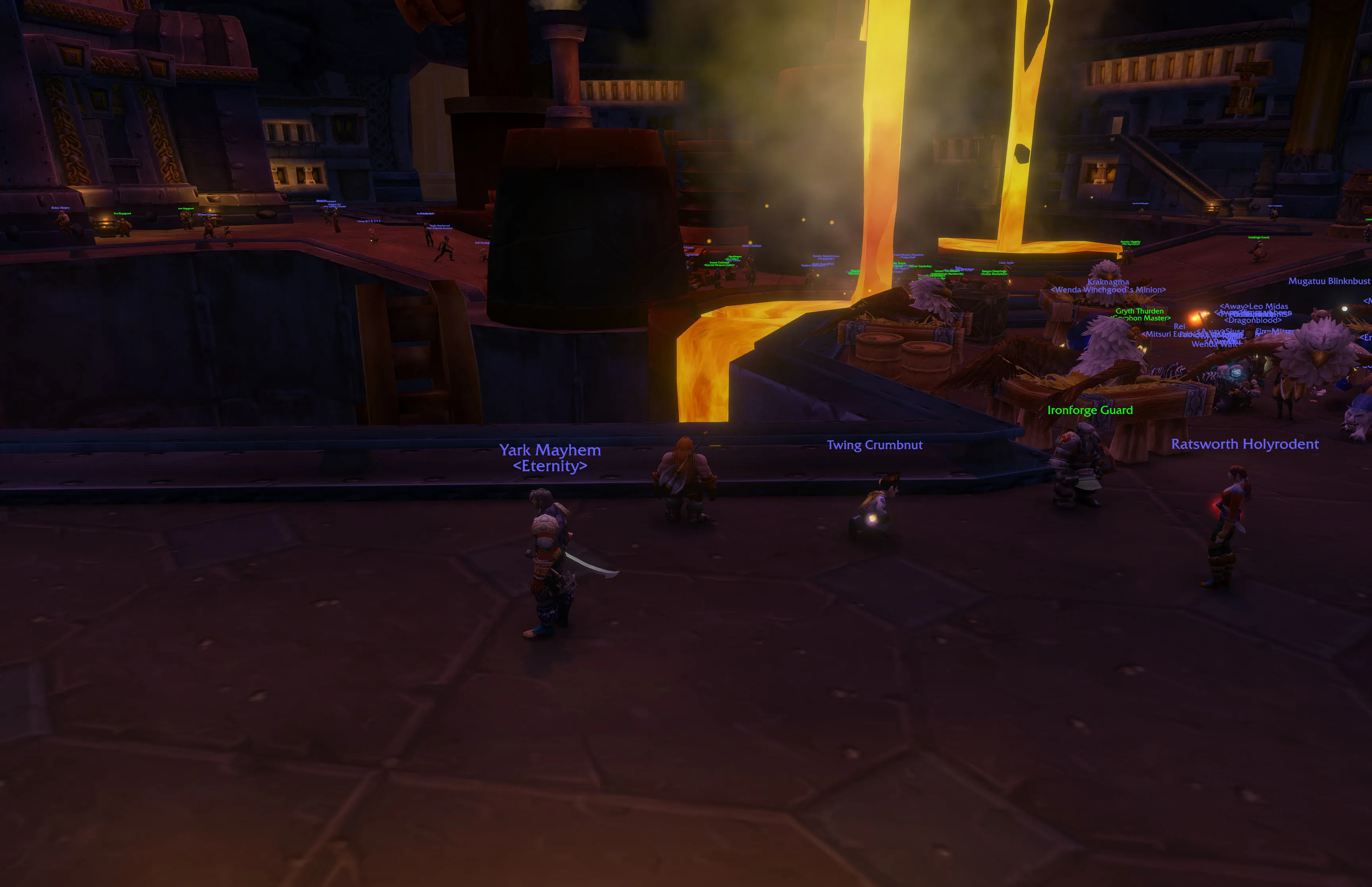 Nuir looking across the Great Forge toward the gryphon platform and the molten metal below.